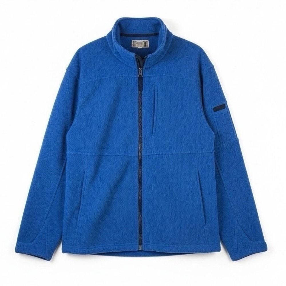 Duluth Mens L Fleece Jacket Multi Pocket Royal Blue Warm Zip Down Collared EUC